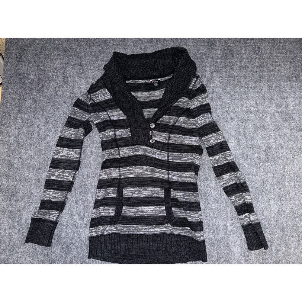 GUESS Black Gray Striped Knit Sweater Tunic Shawl Collar Cozy 2010s Emo size L